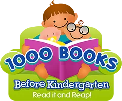 Logo for the organization 1000 books before kindergarten.  It depicts a cartoon image of a child reading a book.